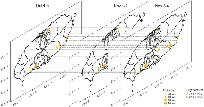 Fig. 3: Spatiotemporal variability of sugar content and fruit size with respect to mandarin orchards in Jeju Island.