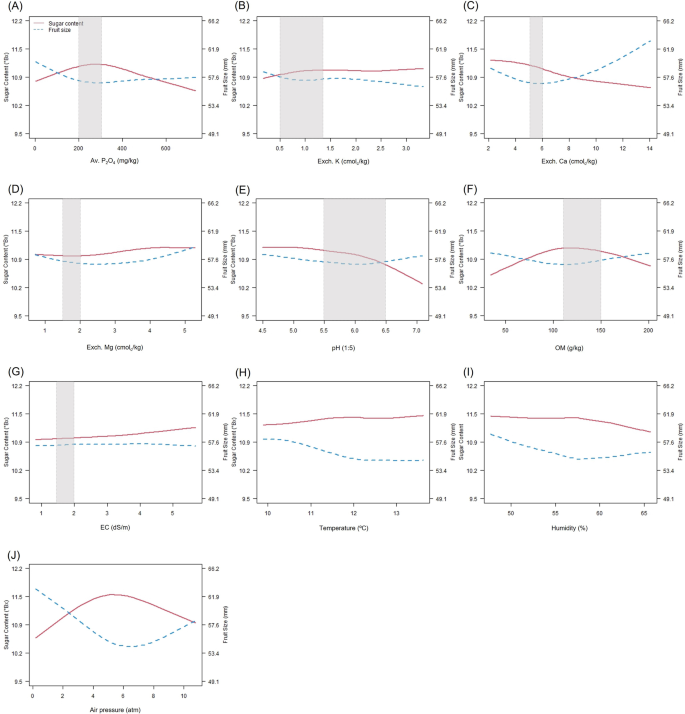 Fig. 4: The average trends of sugar content and fruit size with respect to soil chemical properties and weather-related conditions.